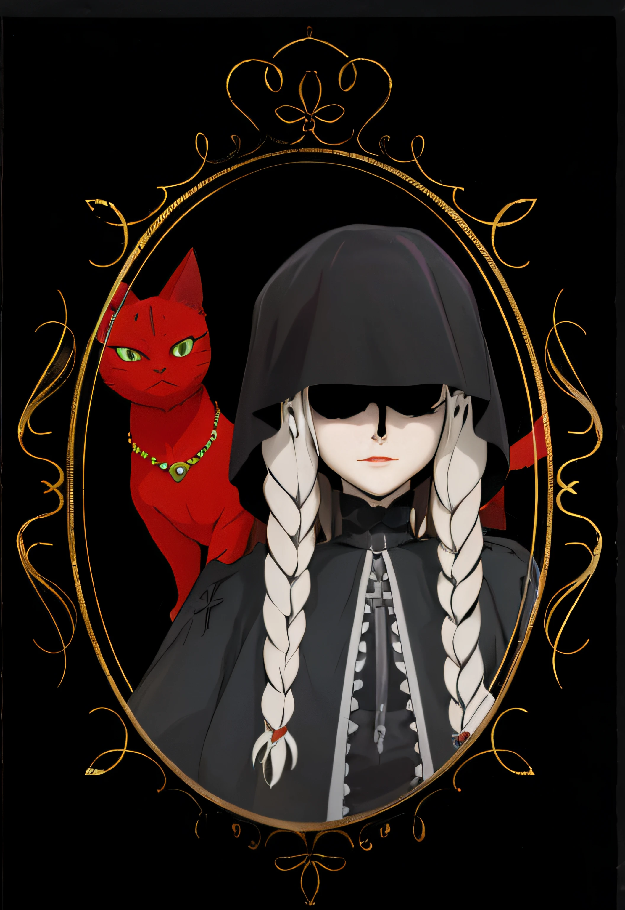 Hay una foto de una mujer con un gato en un marco, inspirado por Li Chevalier, Portrait of a Gothic Catgirl, Anime Catgirl, Neferpitou, Hecho con Anime Painter Studio, 1 7 - year - old anime goth girl, por Kamisaka Sekka, gato negro, Catgirl, gato - como ojos escarlata