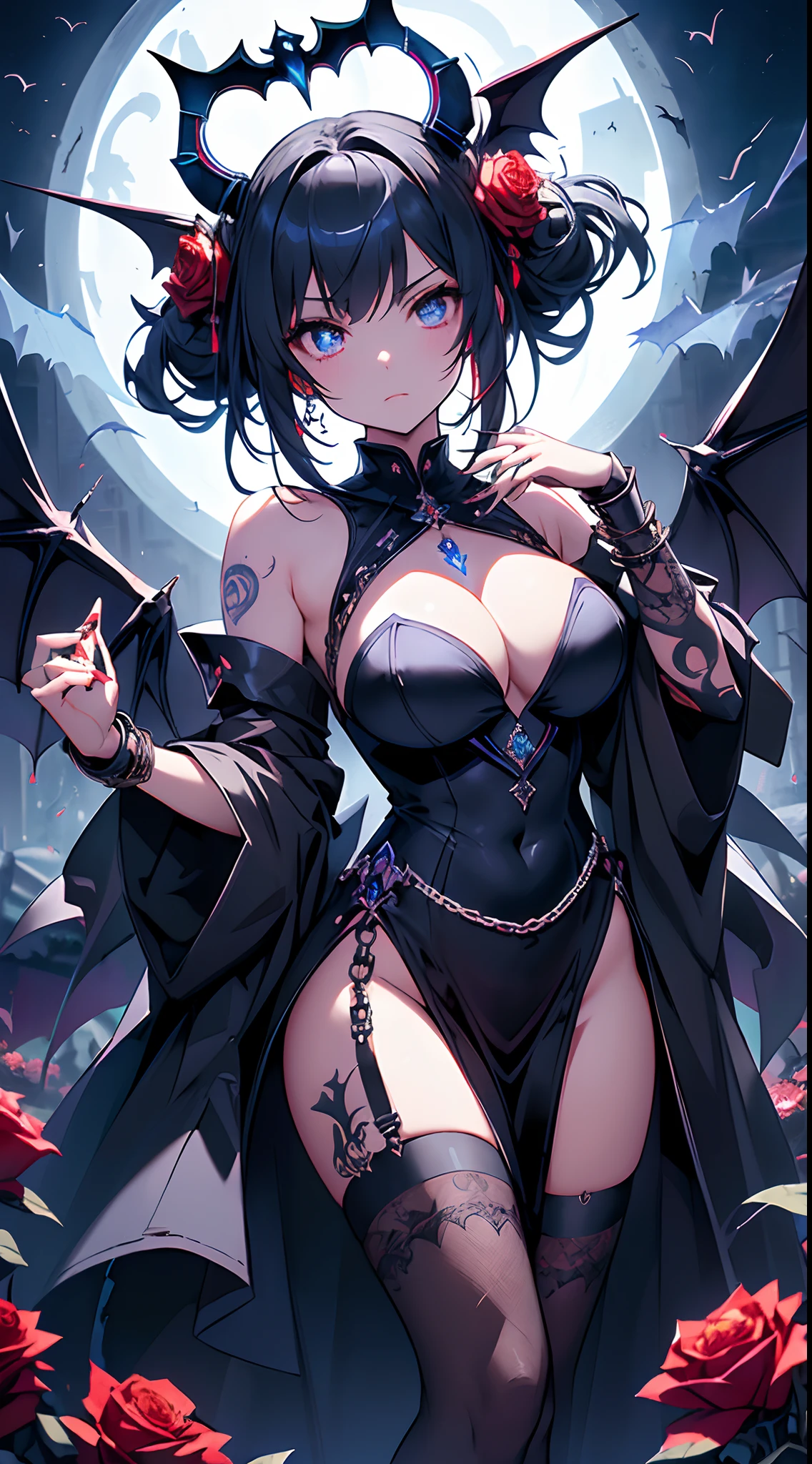 top-quality、Top image quality、masterpiece、girl with((18year old、Dark clothing、Dark bra、Dark skirt、 Best Bust、Bust 90、Blonde long、Blue eyes、open chest wide、Valley、Happiness、A slender、Provocative behavior、Evil face、Handcuffed、High laughter、Skull Tattoo、Tattoo of roses、Targeting your audience、Tighten blue rose hair、Aura of Darkness,Dark Forces,blue flames、Chain Accessories、Black wings、Black manicure、Black whip、Wearing the Vibration of Darkness))hiquality、Beautiful Art、Background with((prison、Dark impression、nightcity,Red sky、Many bats、many chains、the magma、Bright red earth))、masutepiece、Elaborate design、visualart、dark art