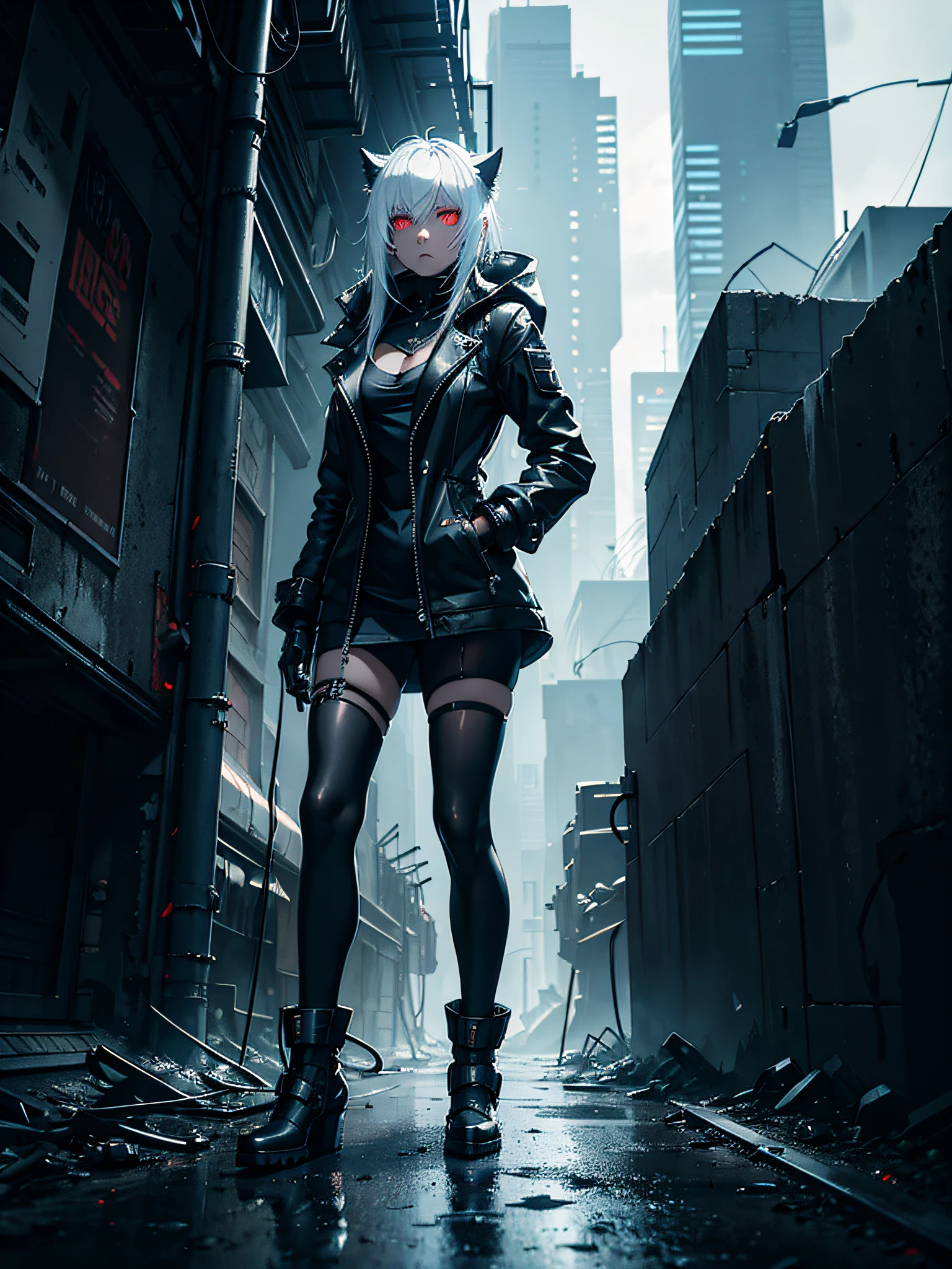 gloomy cyberpunk, dystopic atmosphere, dark art, full body portrait, catgirl, anime girl, mechanical eyes, gray glowing eyes, cold ice gradient hair, milk white skin, highly detailed steel plate gloves, black blazer, short fur coat, bandaged head, highly detailed cast iron futuristic legs, iron legs, many bags, highly detailed landscape, scorched wasteland, dark sky, overcast sky, cold blue sunlight