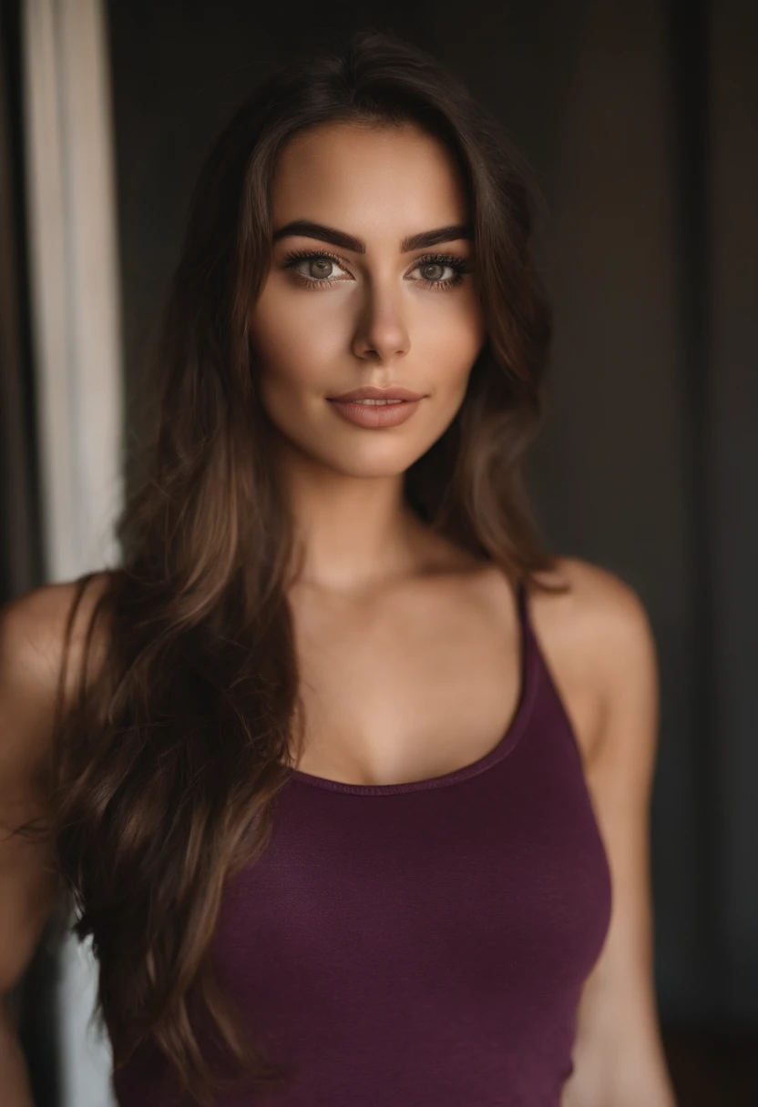 Arafed woman with tank top and donkey panties, fille Sexey aux yeux bruns, Portrait Sophie Mudd, hyspanic, cheveux bruns et grands yeux, selfie of a young woman, Yeux de chambre, Violet Myers, sans maquillage, maquillage naturel, Look directly at the camera from the front, Visage avec Artgram, Maquillage subtil, Superbe photo du corps entier, dans la chambre, clivage, tits, ass, Sexey, Sexe, levrette, position Sexe, forte poitrine