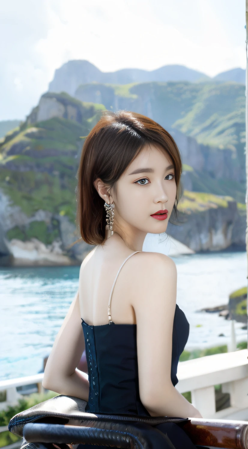 Woman in black dress posing on balcony, The facial features are extremely upright，The expression is tumultuous，beautiful Korean women, A skirt that wraps around the chest，Woman with short off-the-shoulder hair, Beautiful young Korean woman, Gorgeous young Korean woman, Yantai with Western architectural features，The north view is the sea，The sun is soft at this time，The sky is blue，There were a few white clouds，