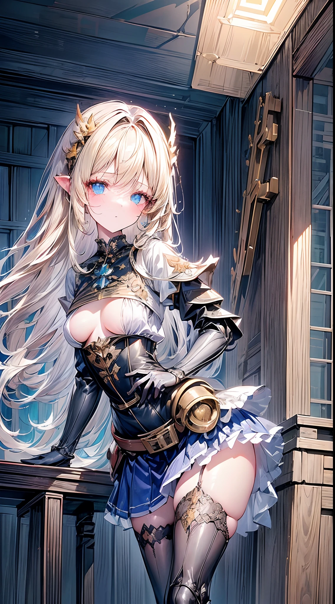 (((masterpiece)))、((top-quality))、(The ultra-detailliert)、(CG Illustration)、(Very Beautiful ))、Cinematic Light、((1 Mechanical Girl))、 scientific fiction、Apocalypse、Erotic grotesque、research institute(Beautiful and indulgent:1.2)、(1girl in:1.3)、Facing the front,a blond,Corset Belt,blue high waist skirt,
