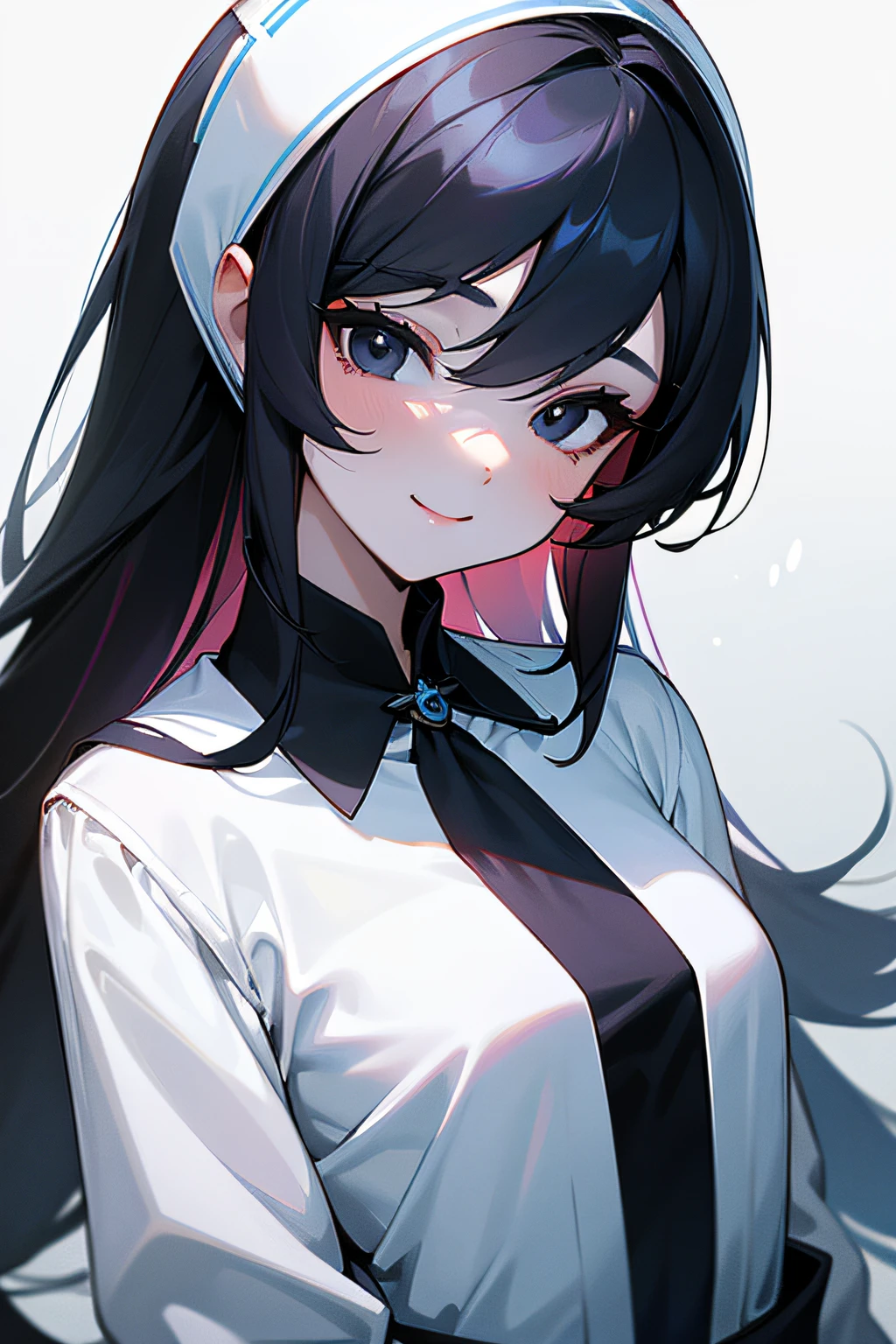 High school girl。The chest is rather small。cabelos preto e longos。Black eyes。Snow-white skin。Wears a white shirt。She is smiling at me with a beautiful smile。