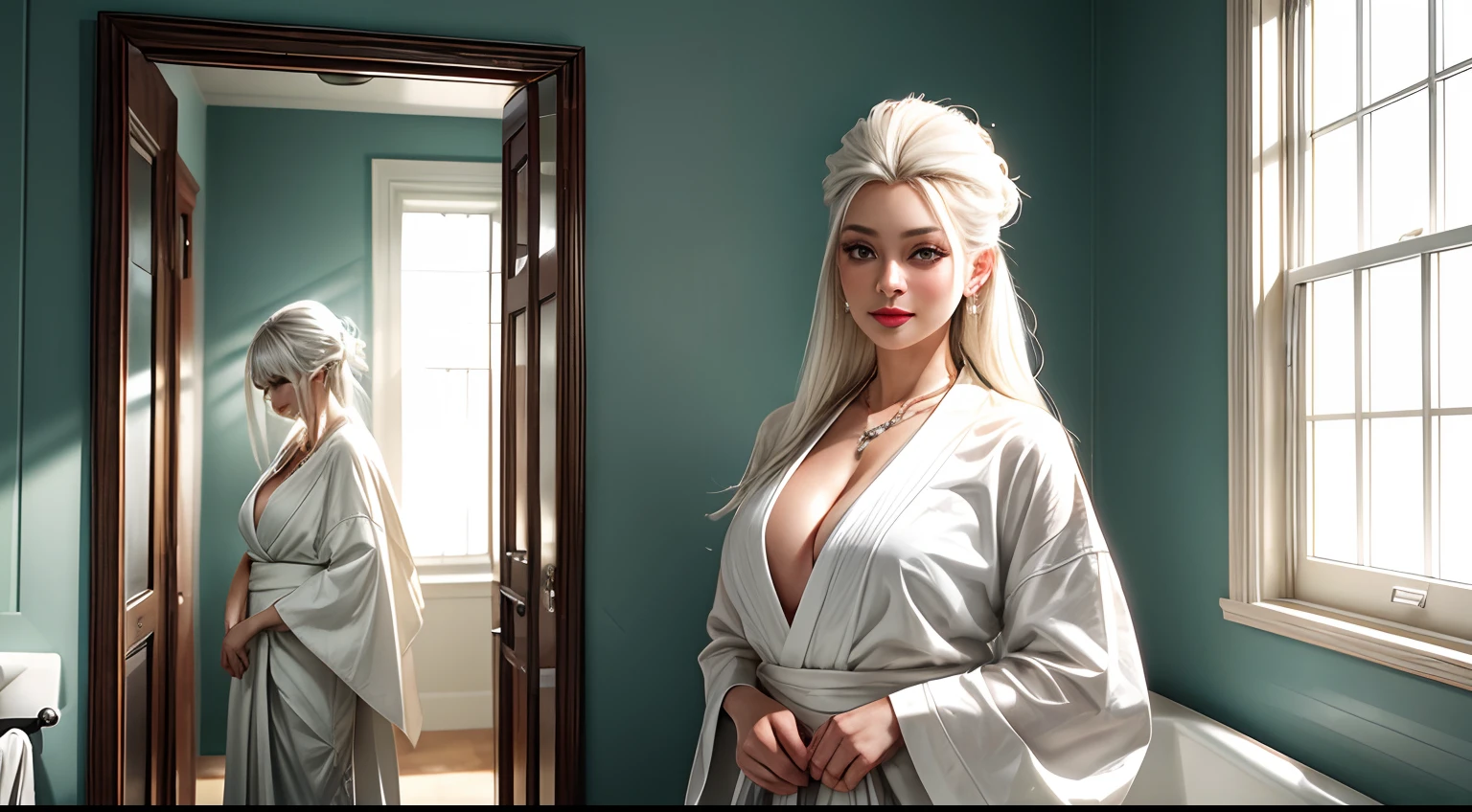 standing inside bathroom, aroused, necklace, earrings, full body, long white hair, white kimono, superb, ultra-high-definition, RAW photo, realism: 1.25), (bright lip gloss, long eyelashes, smooth face , bright skin, natural shadows, wide light, wide light, depth of field, strong colors, subtle caustics: 0.8), smile, (big tits), v6