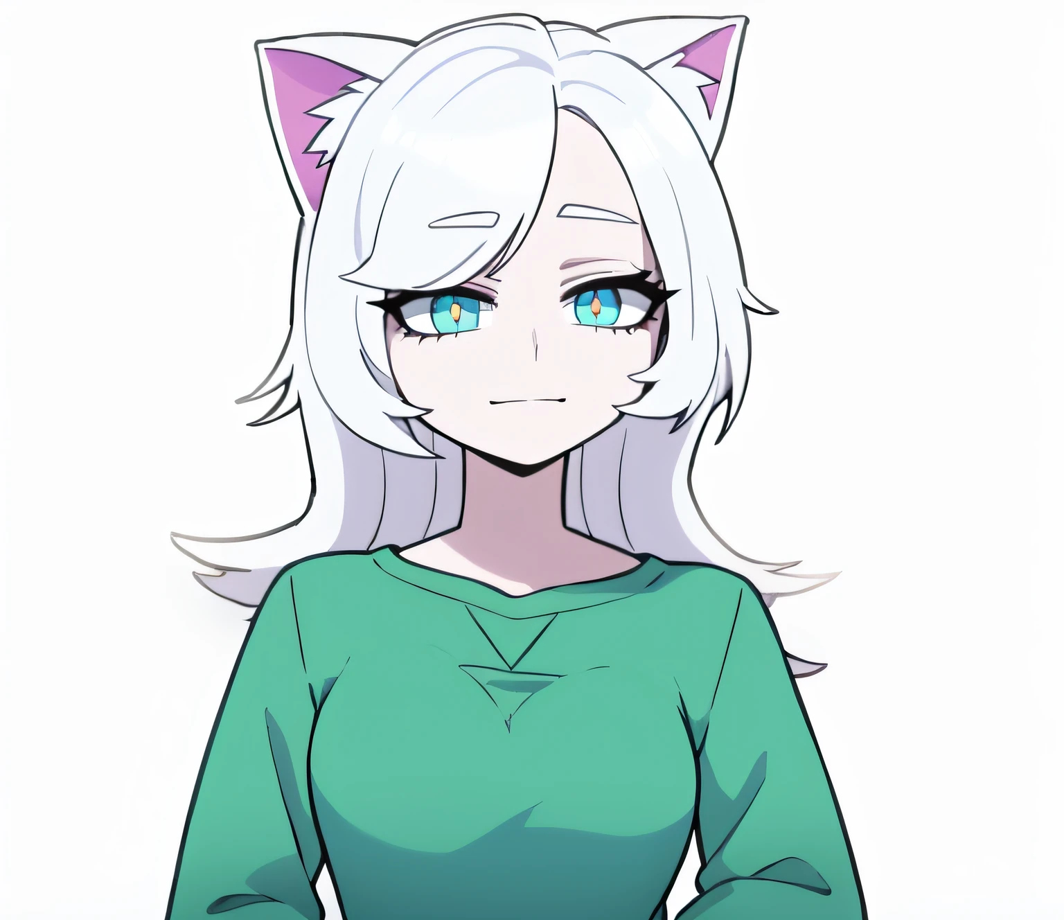 Cartoon drawing of a woman with white hair and a green sweater, [[[[sonriendo malvado]]]], Hembra Fursona, Chica de anime con cabello verde azulado, Anime Catgirl, Fursona!!!!, zorro blanco de pelo, Holo es una chica lobo, Fursona con ropa elegante, Chica anime con orejas de gato, en un estilo anime, unknown artstyle