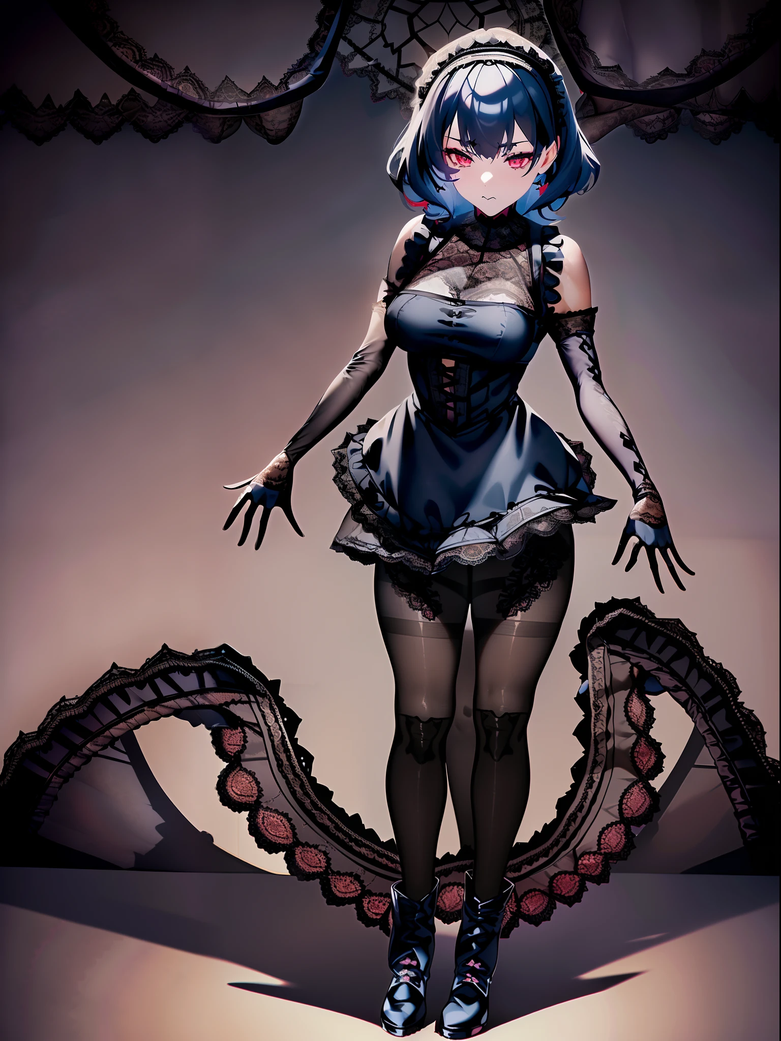 ​masterpiece, top-quality, Hi-Res, (((((Evil Fall))))),(((((((Creatureization))))))), (((((Parasitized))))),(((tentacle clothes))), (((Leotard))),(Hollow eyes), (((Colossal tits))), (((neck tie))), ((Enamel material)), ((Glossy material)), (((1girl in))), ((独奏)), (((Standing picture))),Remu(Re:Life in another world starting from scratch), Blue hair, white thighhig, (((short-hair))), blue eyess, Hair above one eye, ((frilld)),  ((garter strap)),full-body view,deadpan