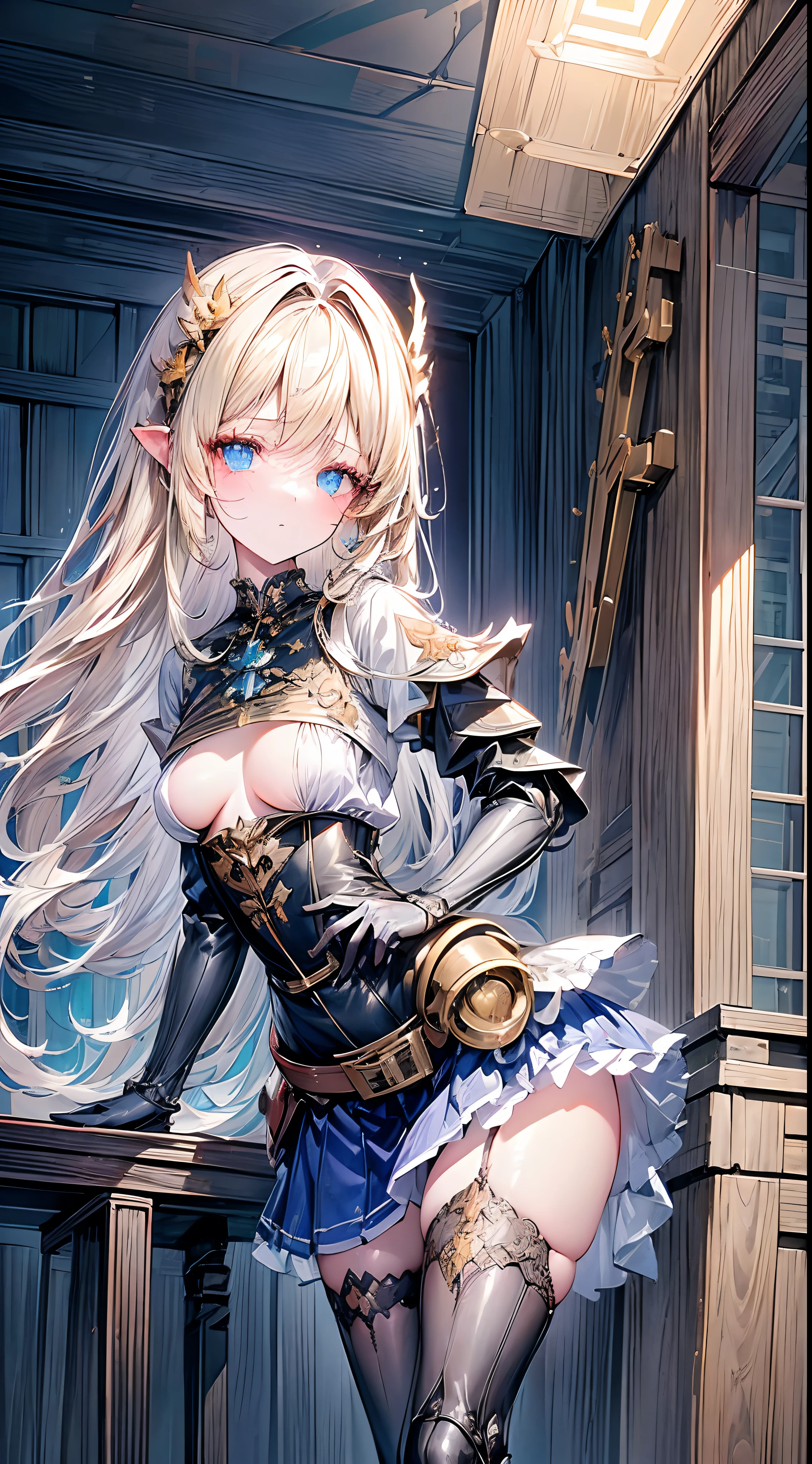 (((masterpiece)))、((top-quality))、(The ultra-detailliert)、(CG Illustration)、(Very Beautiful ))、Cinematic Light、((1 Mechanical Girl))、 scientific fiction、Apocalypse、Erotic grotesque、research institute(Beautiful and indulgent:1.2)、(1girl in:1.3)、Facing the front,a blond,Corset Belt,blue high waist skirt,