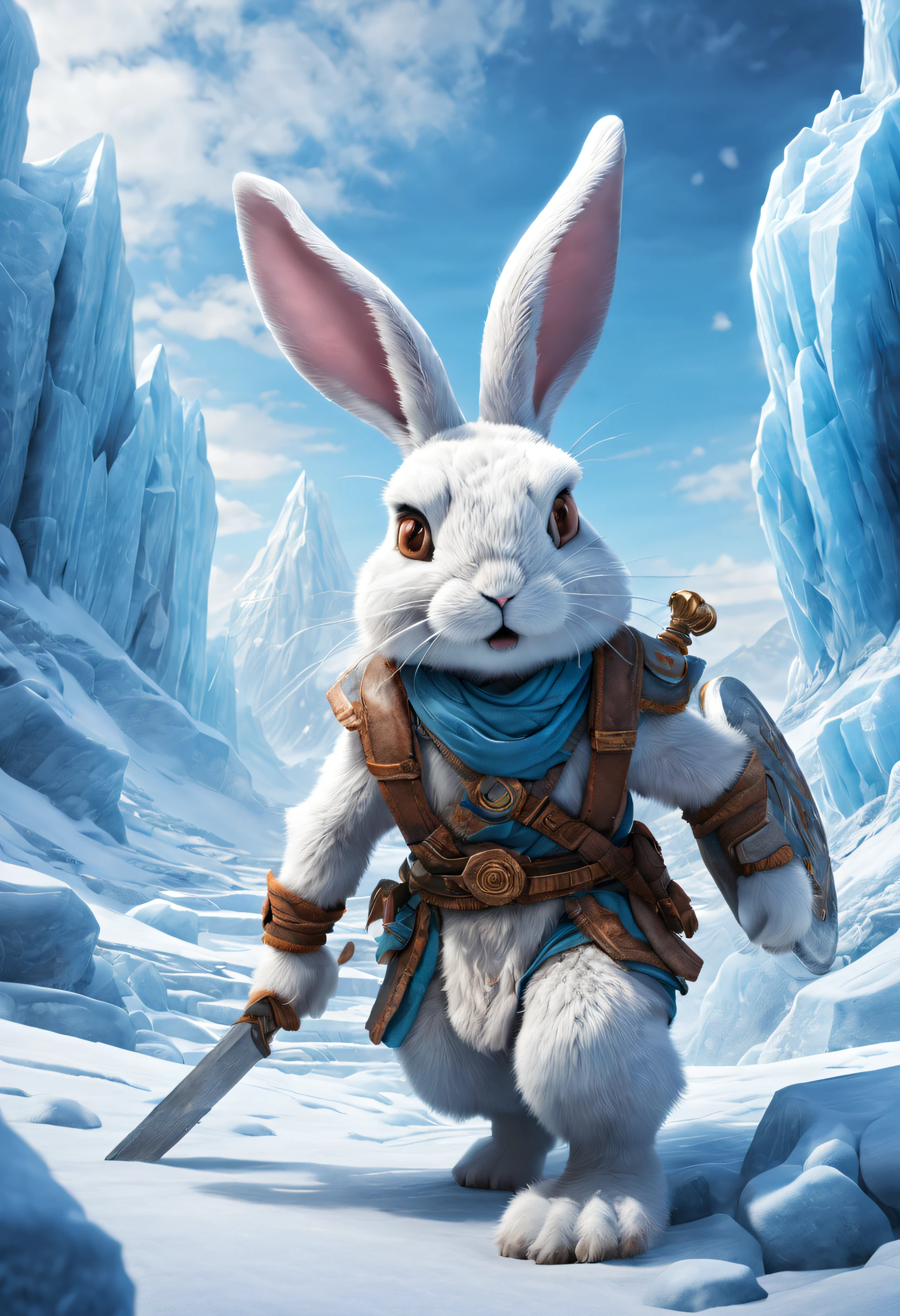 An adventurous bunny hopping through a snowy, icy landscape is in search of a mysterious ancient relic. The bunny braves the freezing glaciers and icy caves, encountering various dangerous creatures. Finally, it reaches an ancient temple made of ice. Inside the temple, there is a legendary artifact. With caution, the bunny carefully picks up the artifact. However, this action awakens the wrath of the temple guardians, who begin to chase after the bunny. The bunny is forced to embark on a thrilling escape across the glaciers, narrowly avoiding the pursuing guardians. The high-quality image depicts the bunny journey with ultra-detailed and photorealistic visuals. The artwork showcases vivid colors, sharp focus, and professional studio lighting. The scene is immersed in a portrait-style art with a cool color tone, enhancing the icy atmosphere of the snowy landscape.