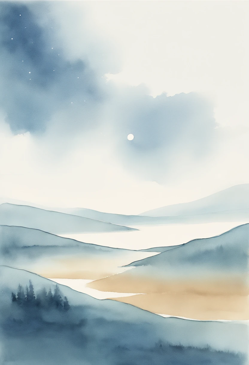 Simple landscape painting,Ancient wind,Around eleven o'clock in the evening,Clouds,themoon,naive,Hand drawn watercolor,Star Blue