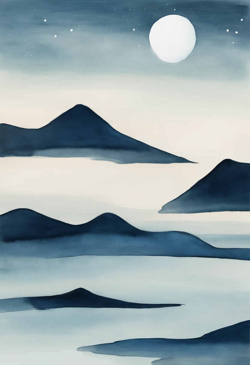 Simple landscape painting，Ancient wind，Around eleven o'clock in the evening，Clouds，themoon，naive，Hand drawn watercolor，Star Blue