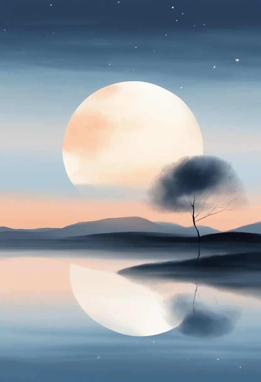 Simple landscape painting,Ancient wind,Around eleven o'clock in the evening,Clouds,themoon,naive,Hand drawn watercolor,Star Blue