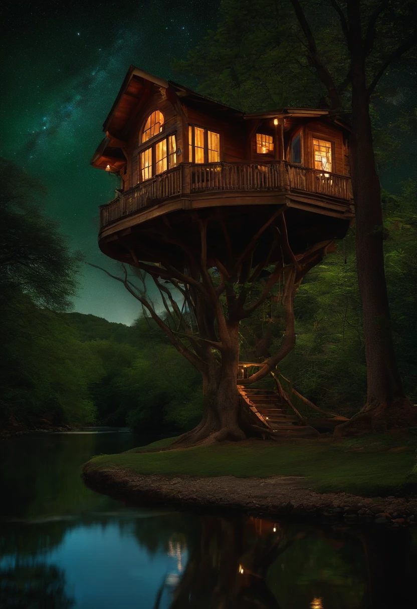 treehouse next to a river, beautiful, night time, moonlight