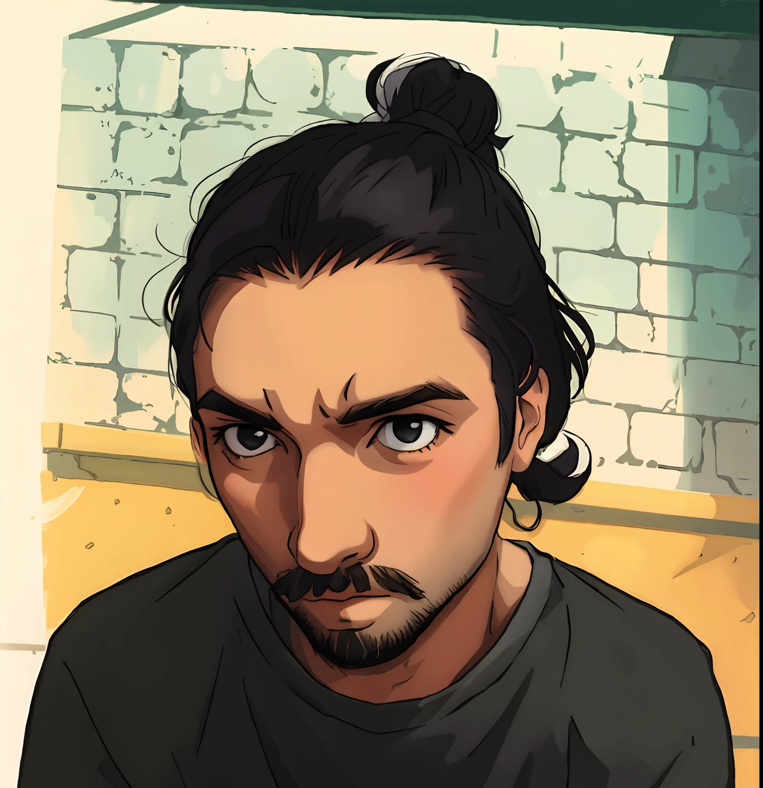 anime style, man, black hair, man bun hair, topknot hair