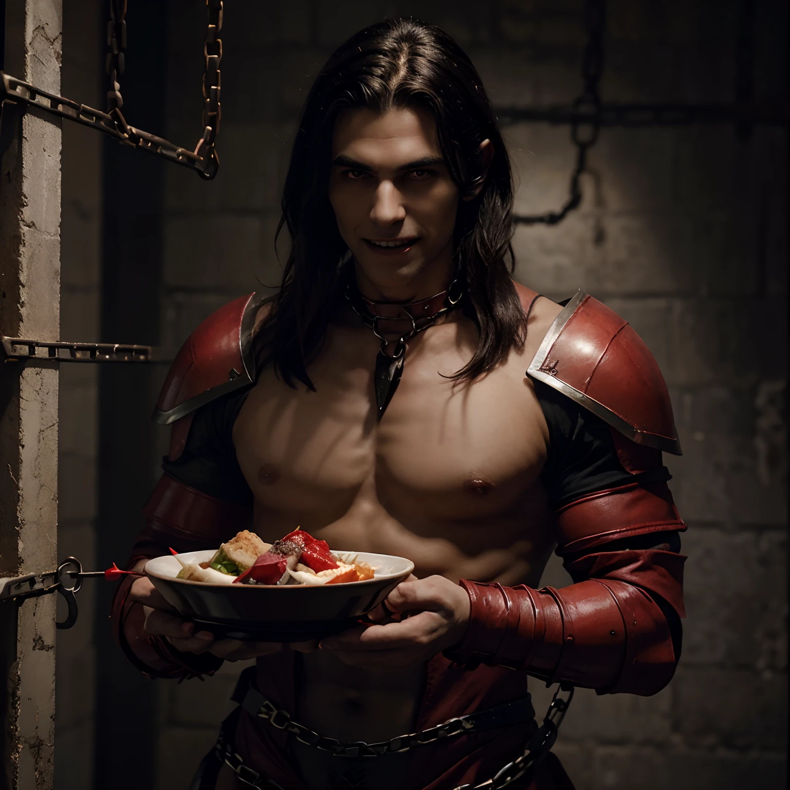 Attractive dark elf vampire, wearing red armor, holding a delicious meal. Long claws on his left hand, standing in a prison with chains around his neck. Smiling with large fangs