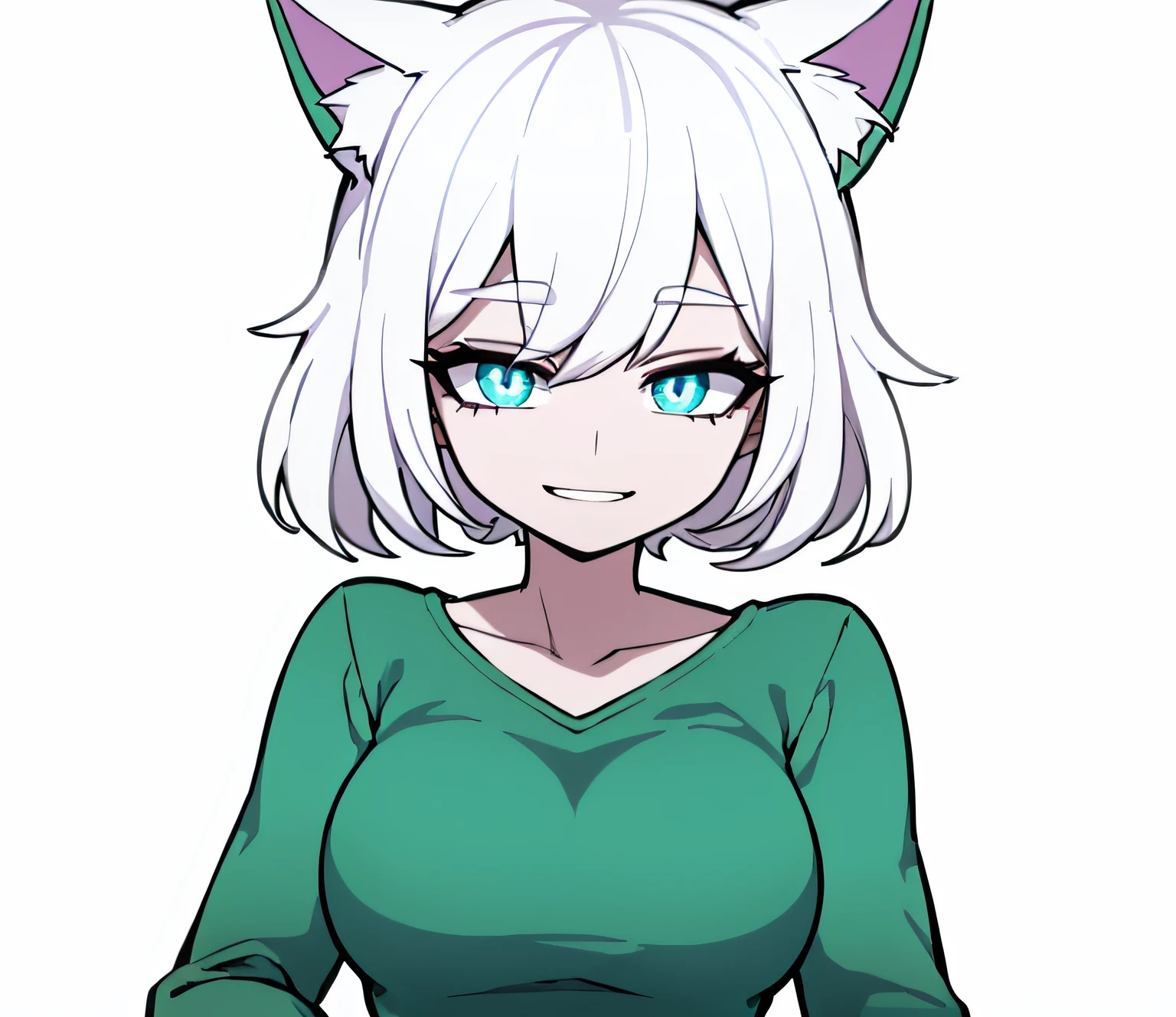 Cartoon drawing of a woman with white hair and a green sweater, [[[[sonriendo malvado]]]], Hembra Fursona, Chica de anime con cabello verde azulado, Anime Catgirl, Fursona!!!!, zorro blanco de pelo, Holo es una chica lobo, Fursona con ropa elegante, Chica anime con orejas de gato, en un estilo anime, unknown artstyle