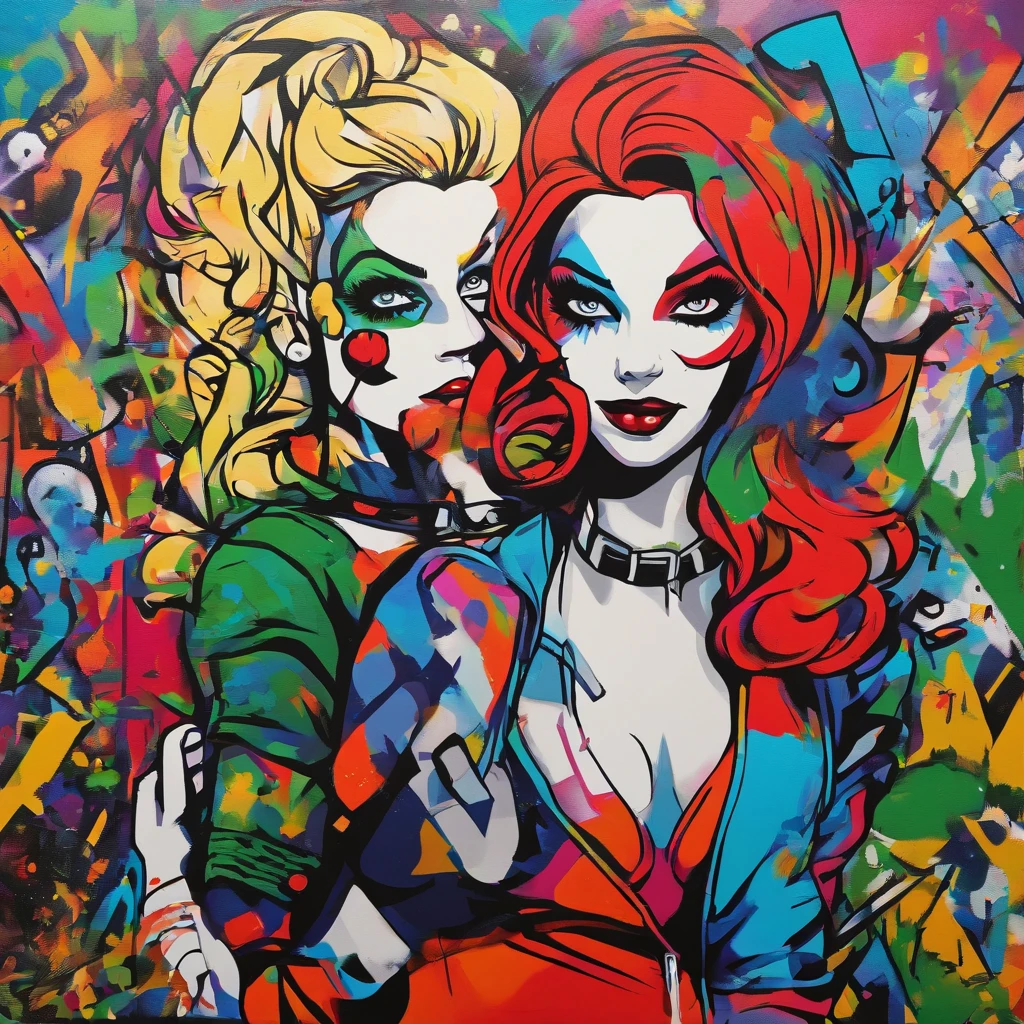painting of harley quinn and Poison Ivy. With bright colors, a pop art painting by Kubisi art, behance contest winner, figurative art, fauvism, pop art, Oil painting bright colours using a pallet knife