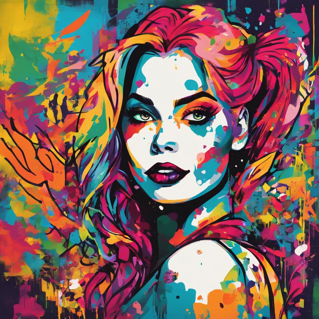 painting of harley quinn and Poison Ivy. With bright colors, a pop art painting by Kubisi art, behance contest winner, figurative art, fauvism, pop art, Oil painting bright colours using a pallet knife