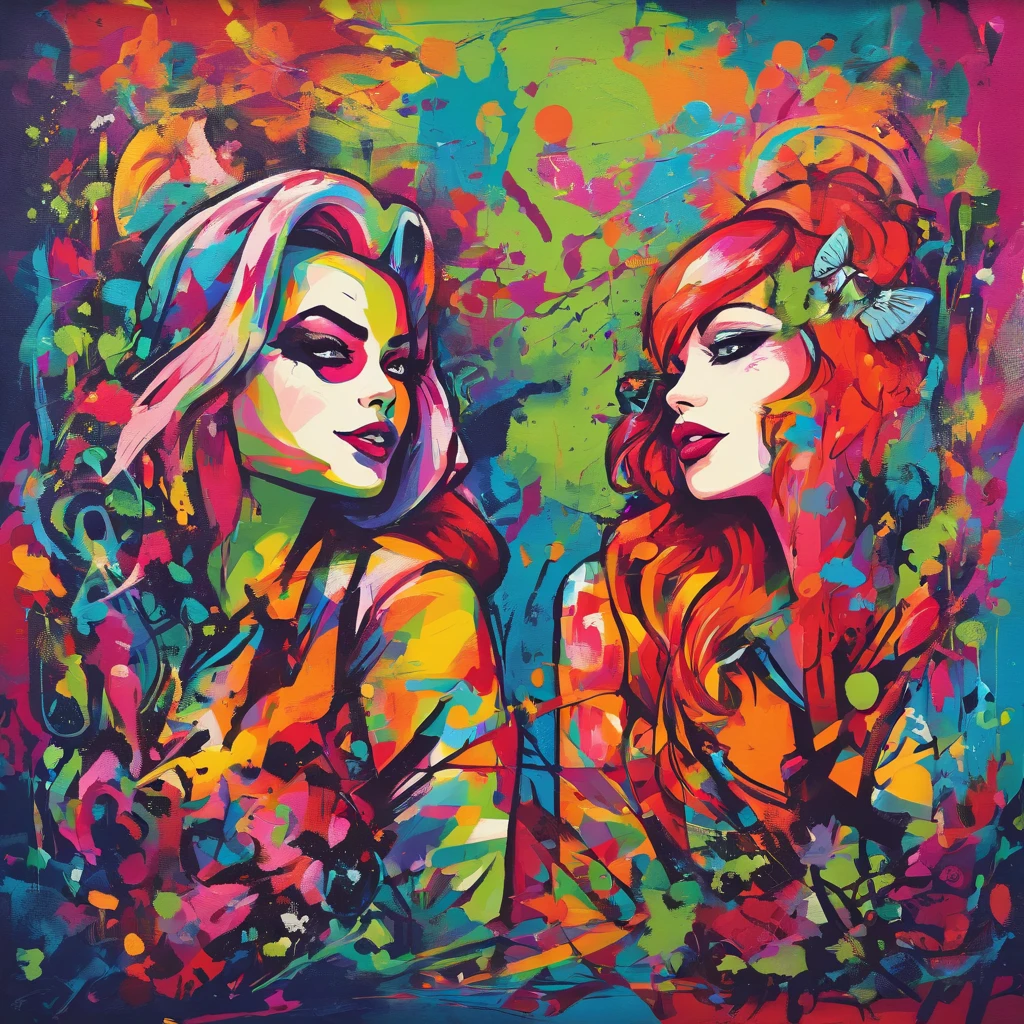 painting of harley quinn and Poison Ivy. With bright colors, a pop art painting by Kubisi art, behance contest winner, figurative art, fauvism, pop art, Oil painting bright colours using a pallet knife