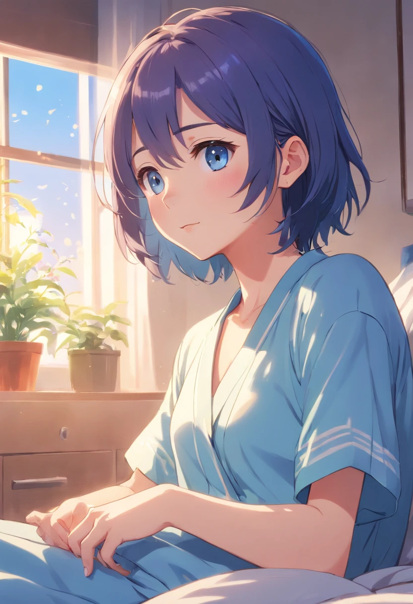 Best quality,4K,8K,A high resolution,masutepiece:1.2),Ultra-detailed, in a house、lovely boy,Sleeping on the Bed、Early morning sun exposure and place to wake up、A gentle smile stares at the budgie,Only a little fluttering button pajamas、Budgies singing and waking up、With a beautiful song、Beautiful,Beautiful detailed eyes,Blue budgie,soft blue eyes,sportrait,Subtle tones,Soft lighting