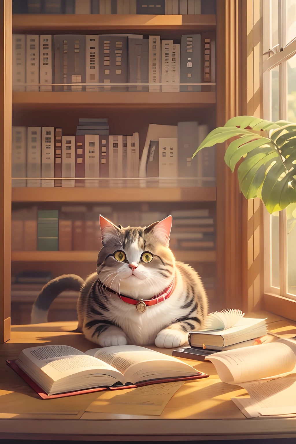 There is a cat sitting on a table with a book - SeaArt AI