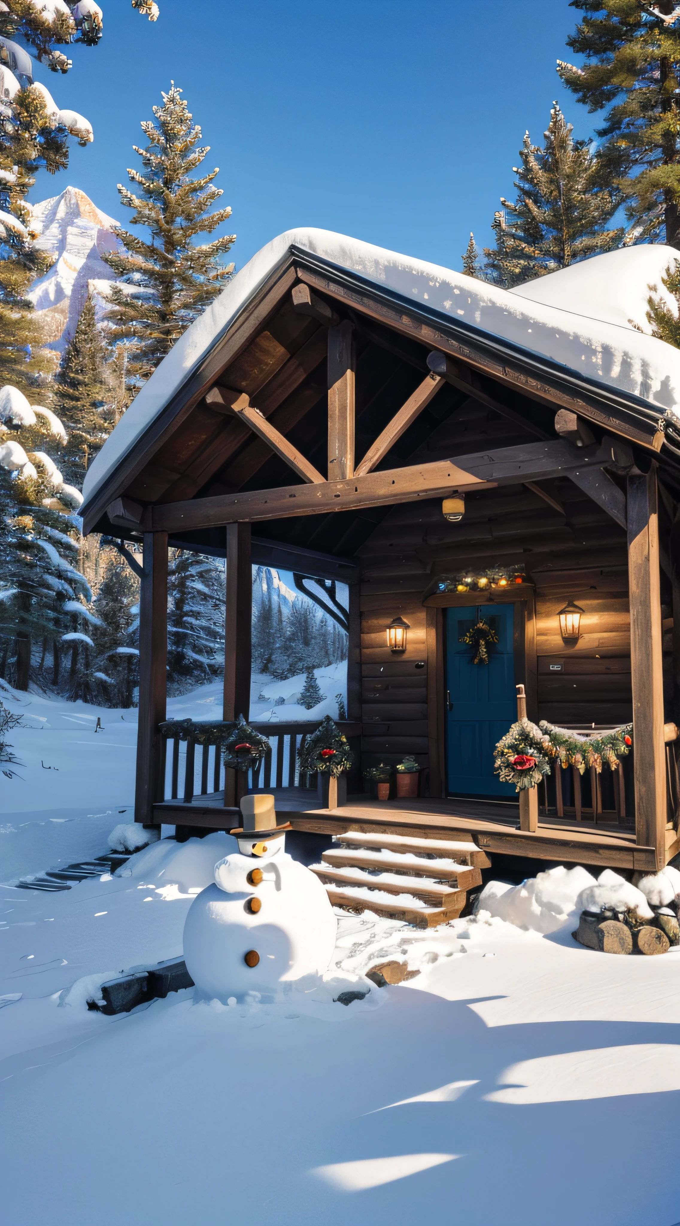 High quality, HD, realistic, HDR. mountain refuge (many Christmas decorations: arches of christmas balls, sugar cane, balls, garlands, lights, crown, snowman...) in the center of a mountain, green landscape, spring flowers, peaceful atmosphere, hut surrounded by tall pines, fresh mountain air, picturesque wooden porch, snowy peaks, majestic scenery, tranquil escape, tranquility in the mountains, pure blue sky, serene solitude.