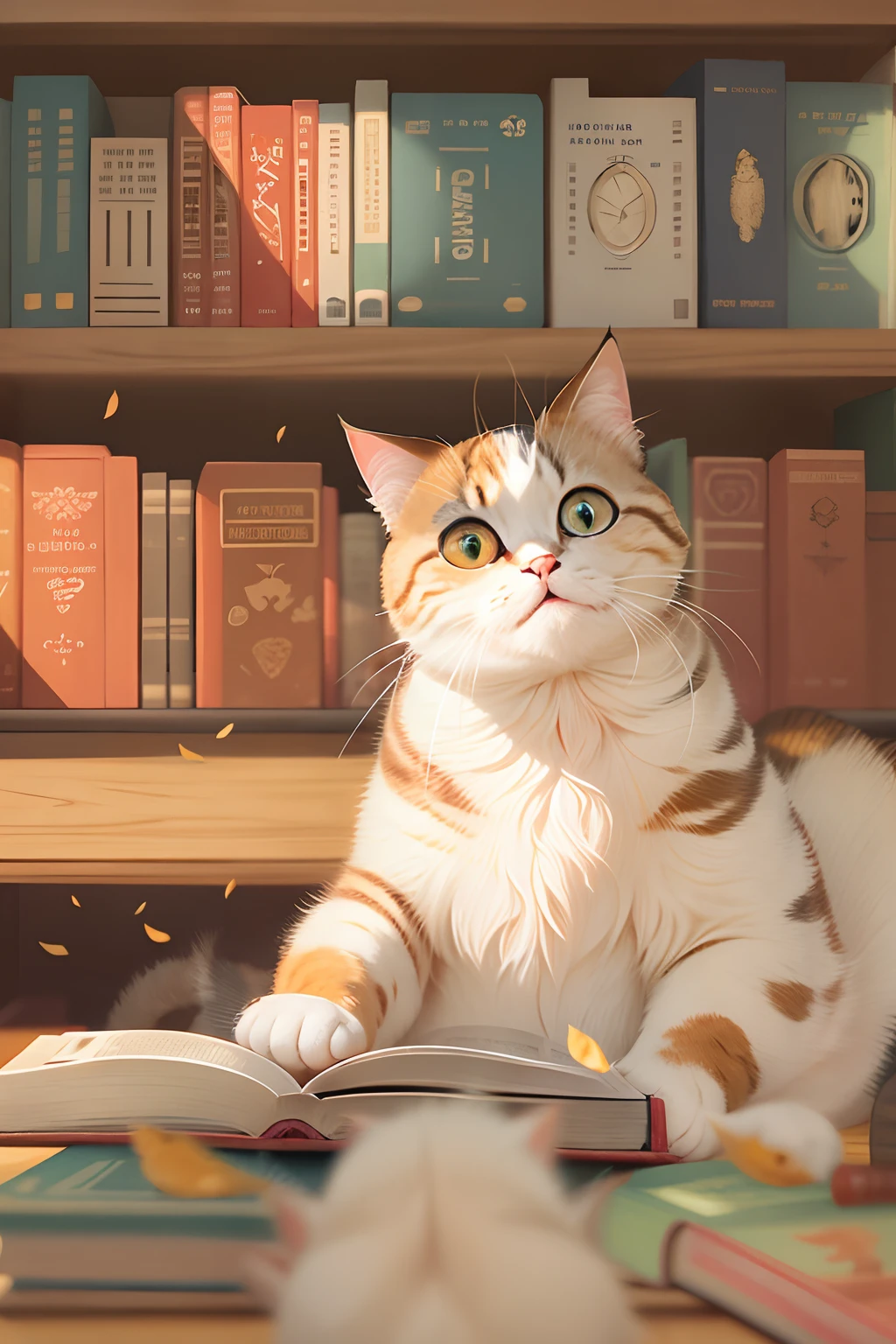 A cute round-eyed cat, Read a book in the library, Sunlight outside the window.