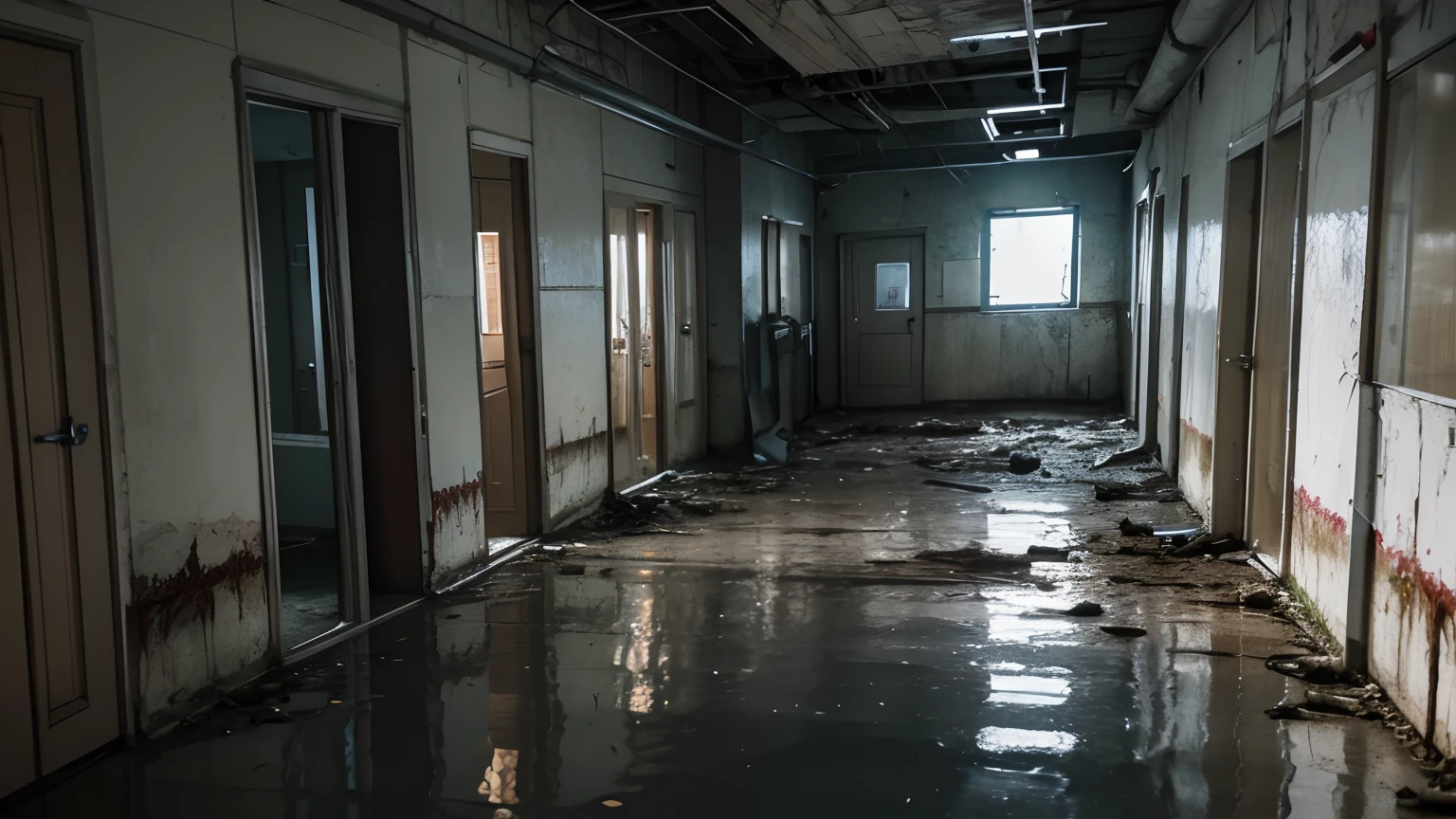 High Quality, Best Picture Quality, Best Quality, High Quality, 8K, 16K, 32K, (Inside an Abandoned Hospital), Night, Dimm, Fear, Doctor's Office, Medical Record, Old modern hospital, blood splattered on the walls, standing water, broken lights, broken windows, weeds, (((Post-apocalyptic style))), (((hospital hallway focus))), broken window, horror mood, lack of light