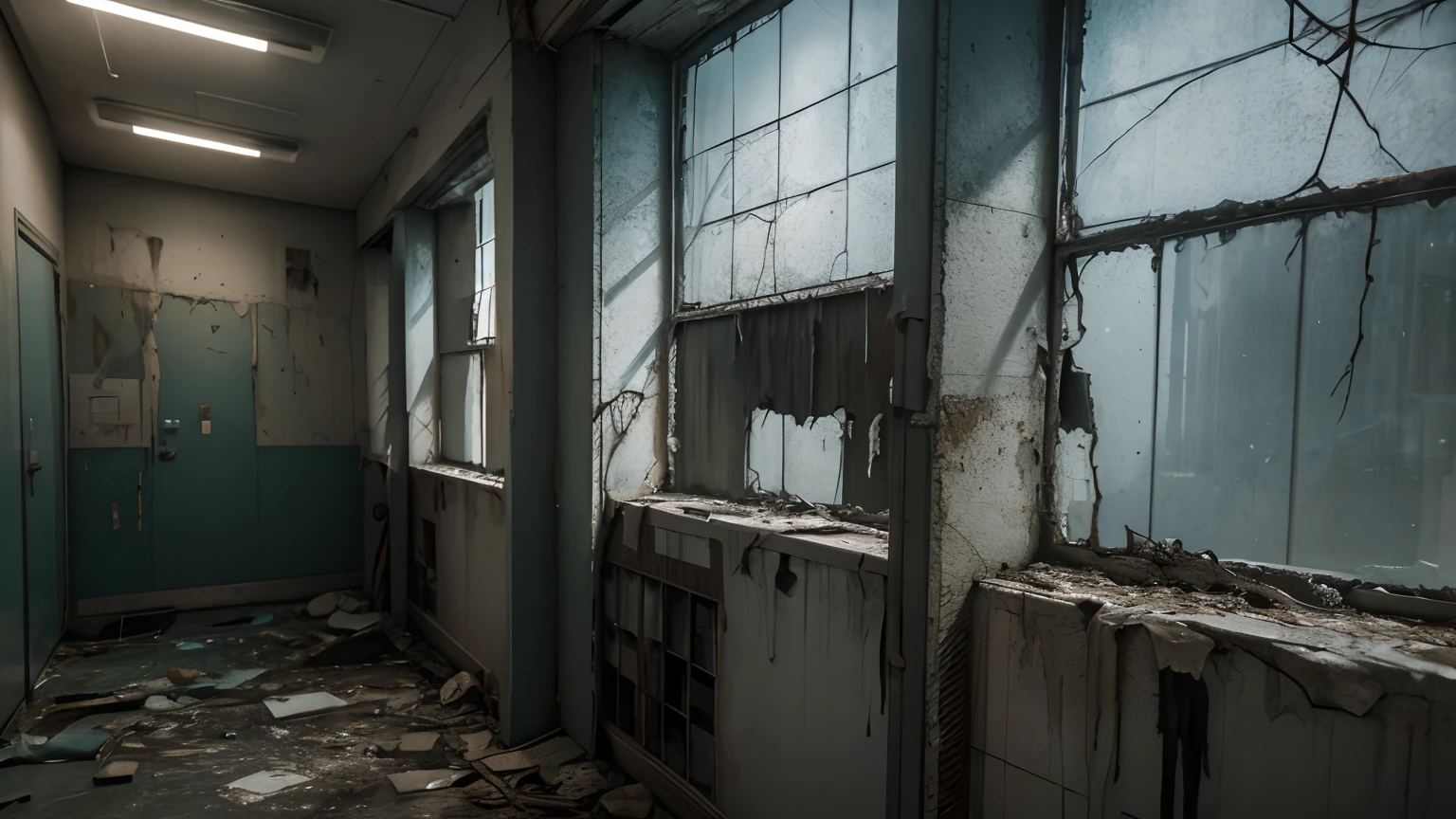 High Quality, Best Picture Quality, Best Quality, High Quality, 8K, 16K, 32K, (Inside an Abandoned Hospital), Night, Dimm, Fear, Doctor's Office, Medical Record, Old modern hospital, blood splattered on the walls, standing water, broken lights, broken windows, weeds, (((Post-apocalyptic style))), (((hospital hallway focus))), broken window, horror mood, lack of light
