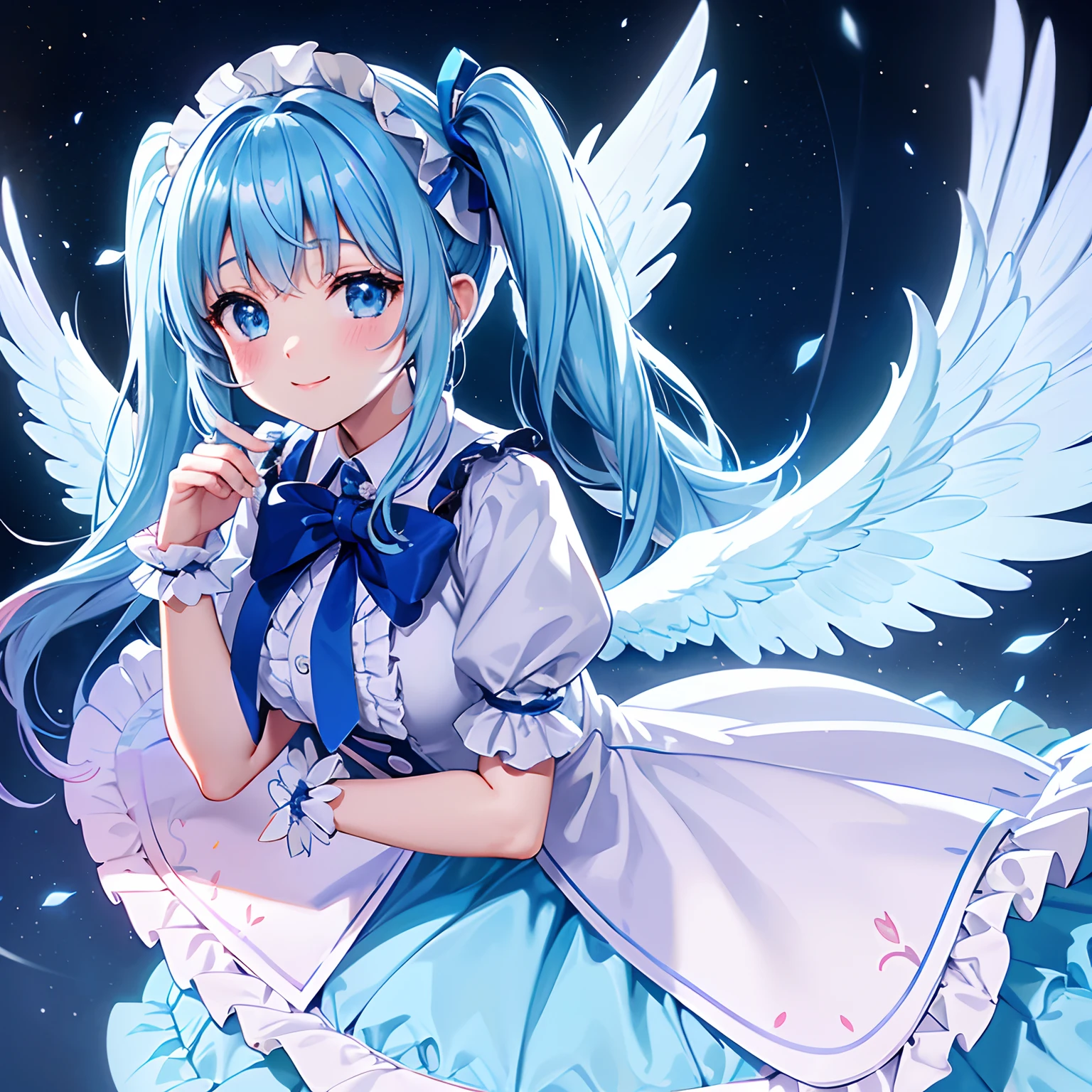 Angel wings shining in seven colors、1 kawaii girl、adorable smiling、Twin tails with long light blue hair、Colorful angel costume in lolita style with ruffles、A blizzard of fluttering flowers(Some photos)、((top-quality))、((masterpiece))、(ighly detailed、highestdetailed、Official art、Beautifully Aesthetic:1.2)