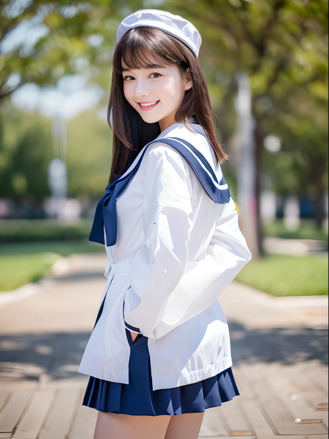 ulzzang -6500-v1.1, (Raw photo:1.2), (Photorealistic:1.4), (1 beautiful detailed girl), Very detailed eyes and face, Beautiful detailed eyes, Huge file size, , High resolution, Very detailed, Best Quality, masutepiece, (beautiful countenance:1.2)、(Beautiful figure:1.2)、(hyper pretty face:1.5), Black hair straight, bangss、Face like an idol、Nogizaka4６、AKB48、(Japan schoolgirl traditional school uniform、White long sleeve sailor suit:1.2), (Navy blue pleated skirt:1.2), Very detailed, in 8K、Wallpaper, amazing, Fine details, masutepiece, Best Quality,in 8K、wall-paper, , Cinematic lighting, 1girl in, (15yo student),　Dynamic Pose, Navy blue socks,  (Beautiful autumn park lawn), Beautie、A smile、drooing eyes、