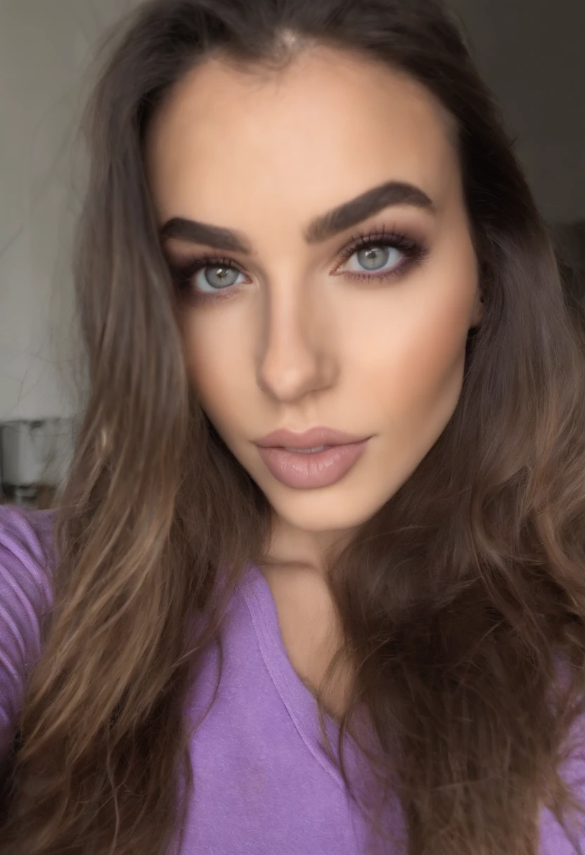 arafed woman with black clothes, sexy girl with brown eyes, portrait sophie mudd, brown hair and large eyes, selfie of a young woman, bedroom eyes, violet myers, without makeup, natural makeup, looking directly at the camera, face with artgram, subtle makeup, stunning full face shot, in car, cleavage, ultra realistic