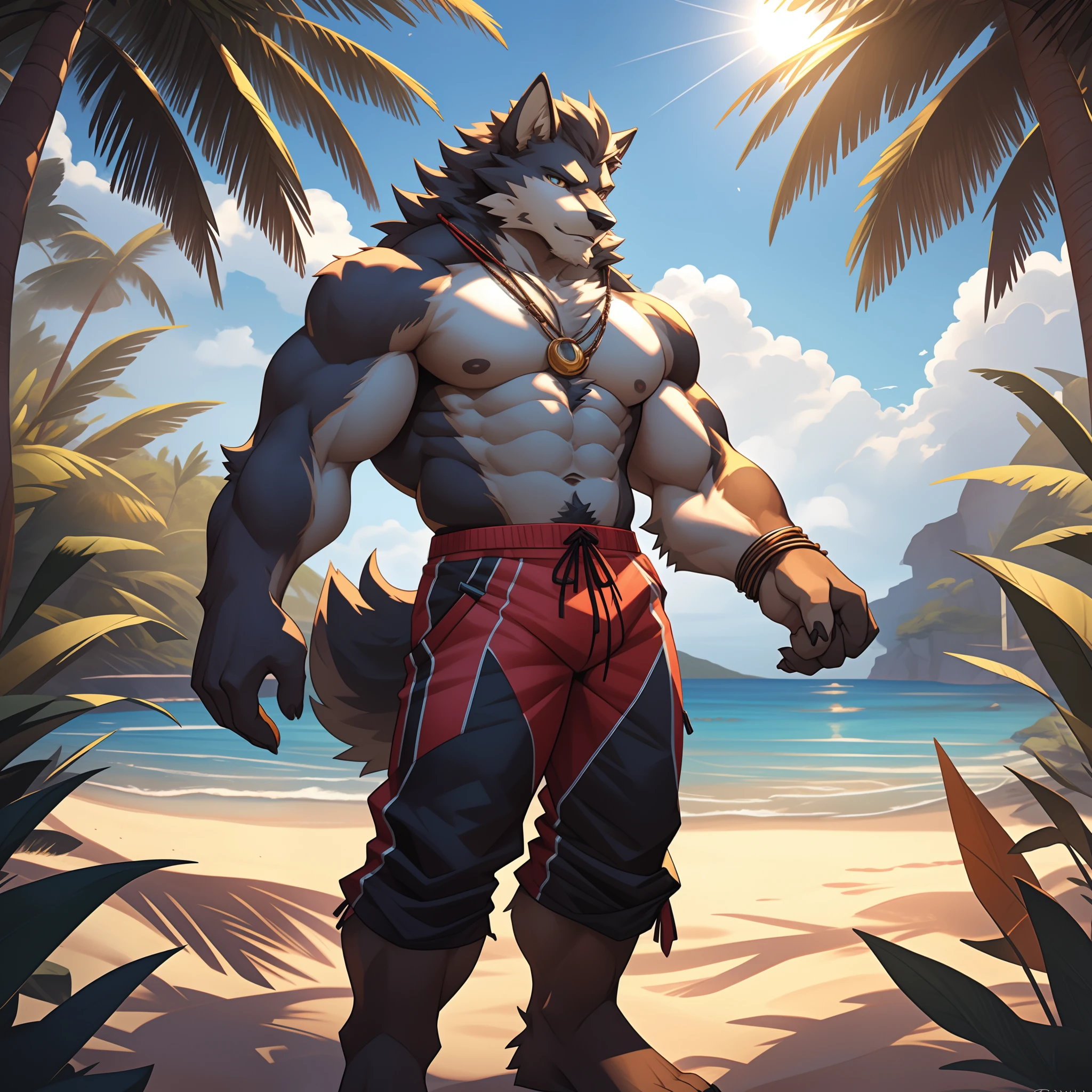 male alpha wolf in garden, black skin, red tattoo, waning moon tattoo on chest, ((heterochromia, blue left eye, red right eye)) dreamy background, kindness, ((serious, frightening expression)), unlimited light, magnificent sunset background, octane render, beautiful features, beautifully detailed eyes, intricate skin, detailed face, perfect skin texture, extreme details, full body vision,  cinematic lighting, professional lighting, centered, looking at the camera, 8k, shooting with Hasselblad X1D-50, maximum focus, depth of field, perfect lighting, light particles, (best quality), (masterpiece), (ultra detailed), sharp focus, light particles, standing, black shorts, standing, detailed legs, detailed paws,