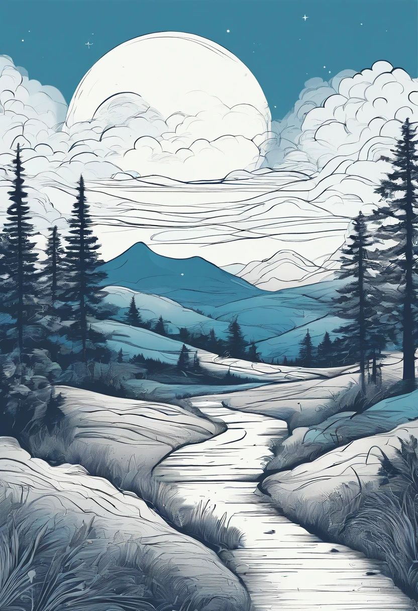 Simple landscape painting,Ancient wind,Around eleven o'clock in the evening,Clouds,themoon,naive,Hand drawn watercolor,Star Blue