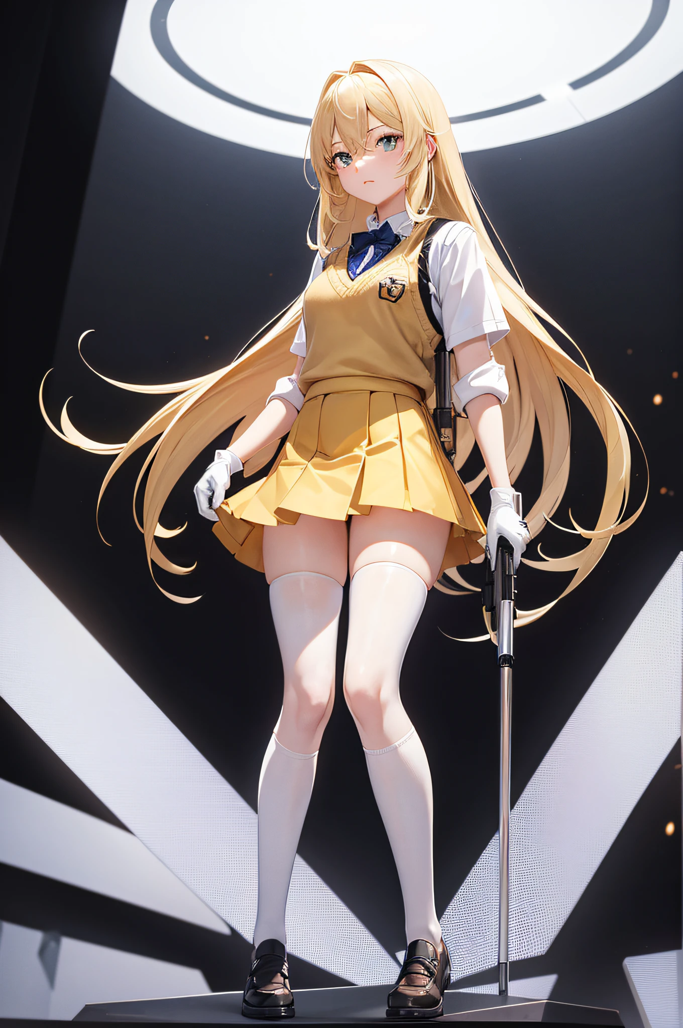 Girl with long blonde hair, A white shirt stands in front of a white background, Gun in hand, 1 girl, Blonde hair, Breasts, controller, Whole body, mitts, Long hair, Looking at the audience, Close one eye, Pleated skirt, school uniform, shokuhou misaki, short- sleeved, Skirt, Solo, sweater vest, pupils in symbol shapes, upper legs, Transparent background, White gloves, White leg suit, Yellow eyes, zettai ryouiki