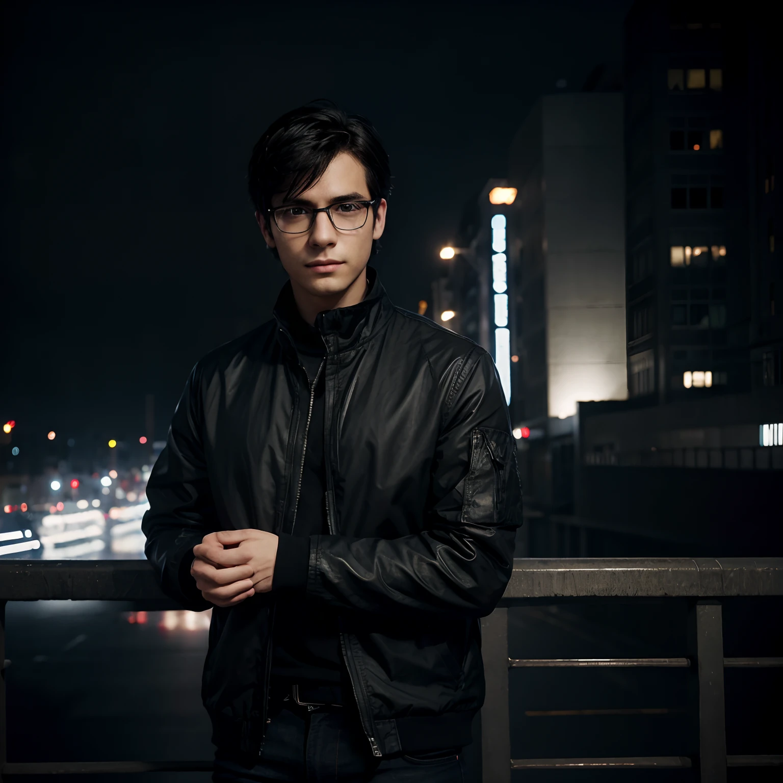 (masterpiece), best quality, expressive eyes, perfect face, short black hair, 1boy, glasses, black outfit, soft smile, black jacket and jeans, in a dark city background, cute anime guy