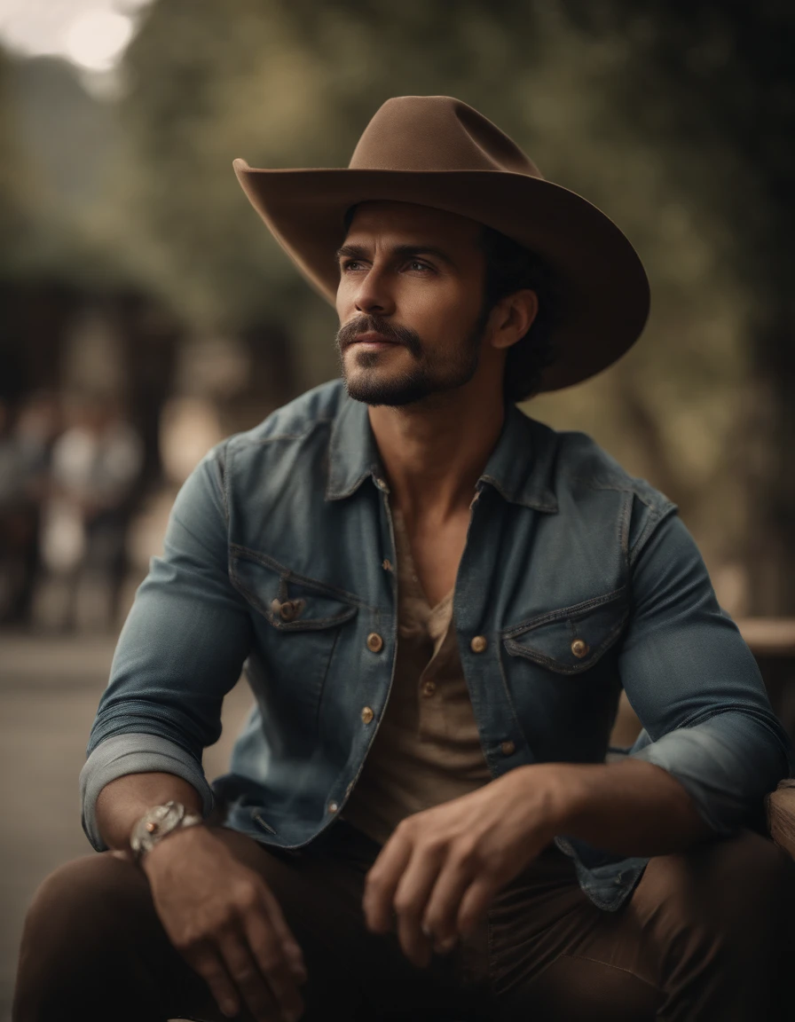 Cinematic portrait, ((Upper body)), Facing the audience, (reality :1.3), most beautiful artwork photo in the world, A man looks at the camera, Vintage denim outfits, Western cowboy, Detailed beautiful face, action shot, (Intricate :1.4), Western background, photograph realistic, In the daytime, CG, art stand