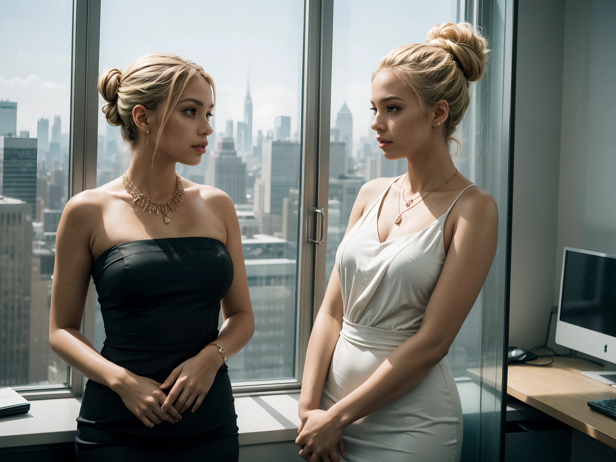 Produce high-quality, photorealistic, high-contrast, and saturated color photographs featuring two women wearing business dress with very deep necklace standing in a spacious office on the 65th level of a skyscraper. The office boasts large windows offering a panoramic view of the evening-lit Manhattan skyline. Instruct the models to engage in natural conversation, capturing their genuine interactions and expressions. Highlight the diversity of their ethnicities—one Afro-American, the other with a blond updo from Sweden. Emphasize the contrast between their skin tones, ensuring a realistic portrayal with visible pores, freckles, and natural textures. Implement subsurface scattering to enhance the photorealistic quality of their skin. Focus on creating sharp, high-resolution images that capture the intricate details of their skin, expressions, and the office surroundings. Emulate Helmut Newtons's style for text-to-image models, drawing inspiration from Stable Diffusion, midjourney, or Dalle2. Pay particular attention to the interplay of light and shadow through the large windows, enhancing contrasts and saturating colors to create visually stunning and captivating photographs. Capture the essence of their individuality, the sophistication of the office environment, and the beauty of the Manhattan skyline, resulting in a series of striking and evocative images.