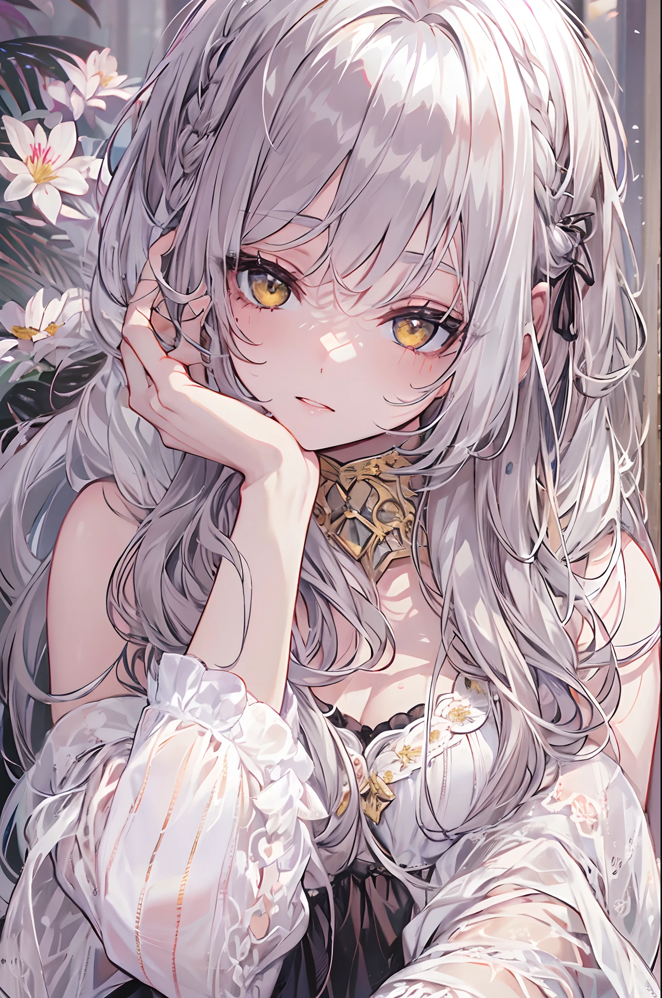 super detailed face, pretty girl, Tempting, detailed underwear, Cute underwear decorated with lace, Obscene lines, A carefully decorated white lily hair ornament, small breasts, black hair, A confident smile, blush