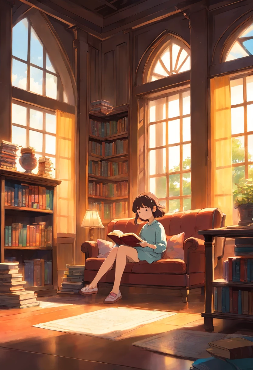 A cute girl, Read a book in the library, Sunlight outside the window.