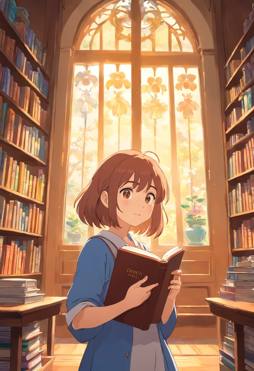 A cute girl, Read a book in the library, Sunlight outside the window.