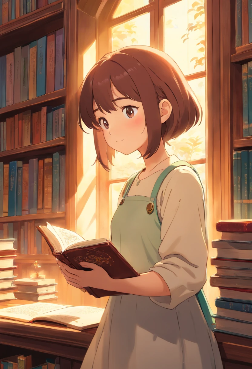 A cute girl, Read a book in the library, Sunlight outside the window.