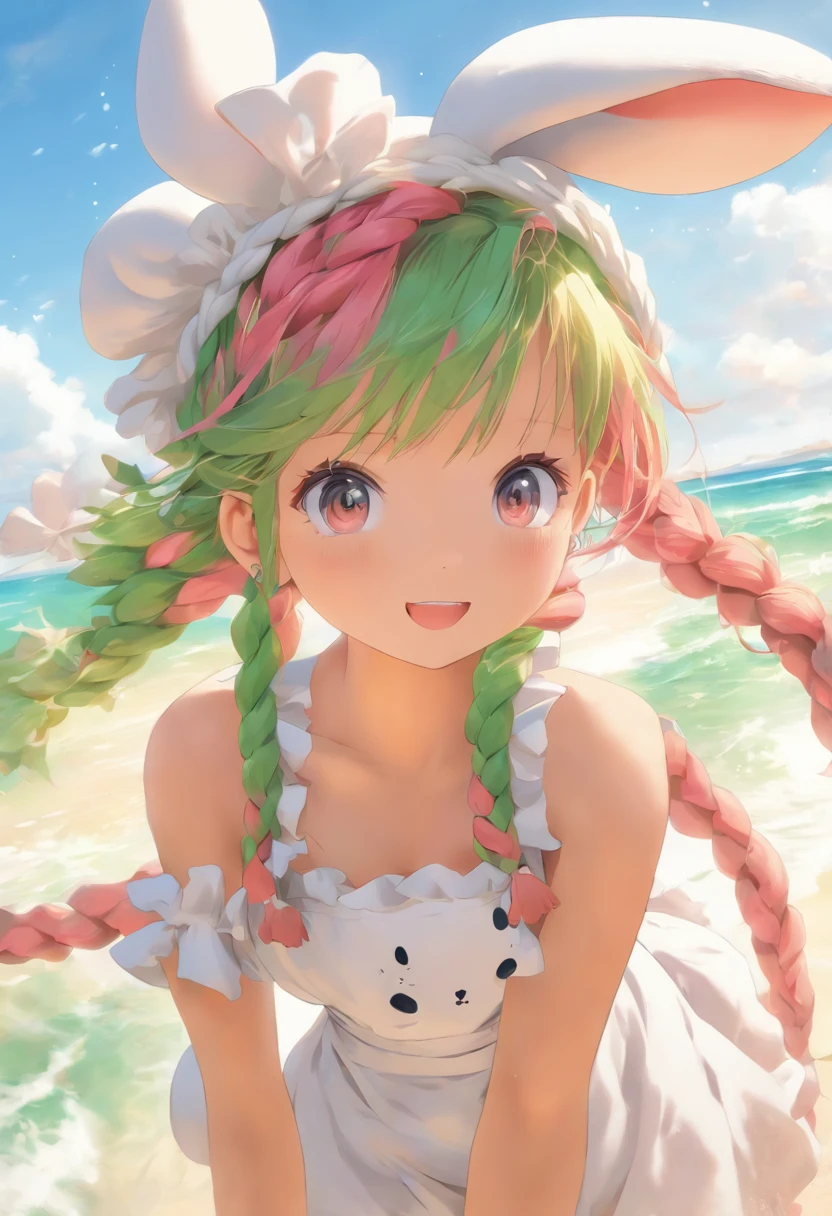 Jito eyes, pink hair, maid clothes, white hat, black eyes, pretty face, coup dere, seaside, sandy beach, green gloves, rabbit embroidery, hair is braided side tail