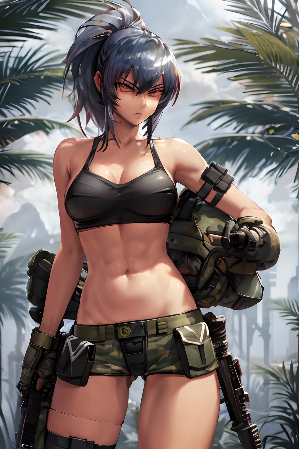 bra and panty, serious, dominant, seductive, sexy, military, desert. Cammo, Tactical. Armor, Sun, hot, guerrilla, tropical.