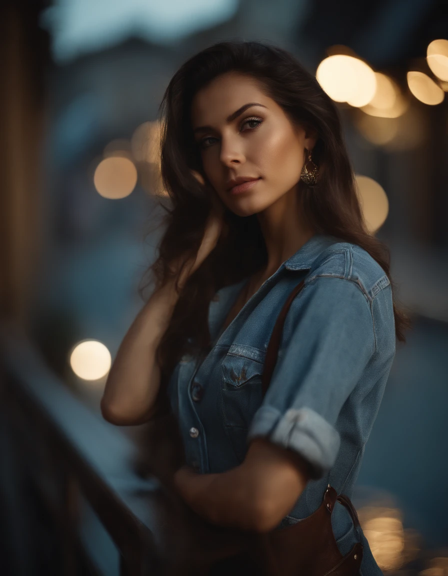 a photo of pho3b3cat3s, beautiful woman, ((24 years old)), street, tshirt, denim overalls, 1980s, retro, long wavy dark hair ponytail, (masterpiece), (extremely detailed CG unity 8k wallpaper), Intricate, ((photorealistic)),