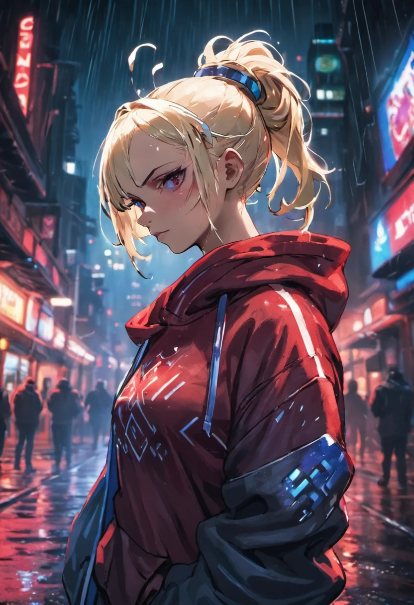 Close-up photos, Confident young cyberpunk woman with blonde and white hair in a bun, Wearing a hoodie with red and blue design, On a rainy street at night, Photorealistic, Cinematic lighting