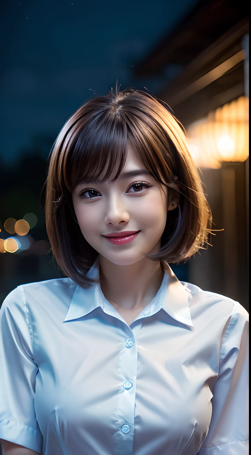 (8k, best quality, masterpiece:1.2), (realistic, photo-realistic:1.37), ultra-detailed, 1 girl,cute, solo,beautiful detailed sky,detailed cafe,night,sitting,dating,(nose blush),(smile:1.15),(closed mouth) small breasts,beautiful detailed eyes,(collared shirt:1.1), night, wet,business attire, rain,white lace, (short hair:1.2),floating hair NovaFrogStyle,