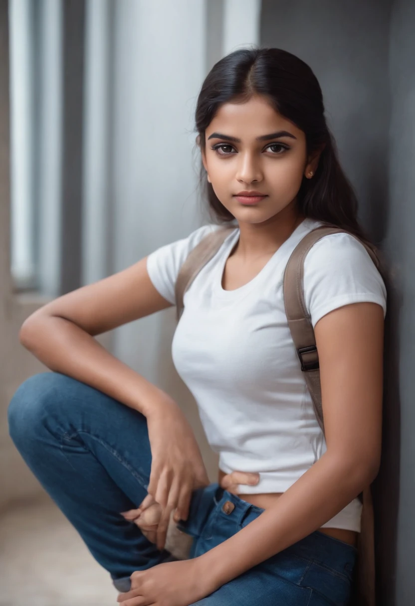 Indian girl in abs in school uniform wear jeans have a tattoo on abs beautiful