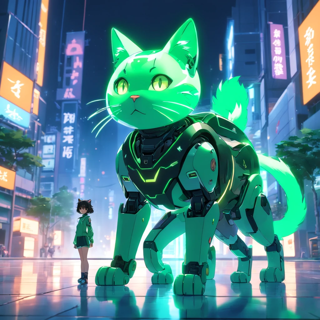 robotic cat, (Blind Box Toy Style:1.2), (FULL BODYSHOT) , green and black colors, 1 transparent girl,Behind him is a cute transparent robot cat, Mechanical Transparent, Exquisite helmet:1.2, Glasses:1.2, Cyberpunk, Dreamy glow, bright neon lights, ren, white background, ( globalillumination, Streak Trace, nffsw, Unreal Render,Reasonable design, high detal, Master Parts, Best Quality, Hyper Hi-Vision, Cinematic lighting)
