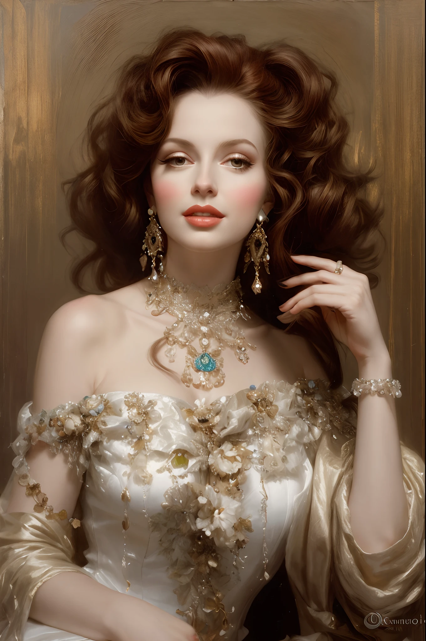 ein realistisches Farbfoto einer reifen sinnlichen Frau (Brigitte Bardot:0.5) in a white dress with a plunging neckline and with a necklace and earrings, Woman with seductive gaze, Frau mitblondem Haar, Stil von Karol Bak, konstantin razumov, Stil von Donato Giancola, ( ( konstantin razumov ) ), inspiriert von Roberto Ferri, von Roberto Ferri, otto schmidt, inspiriert von Howard Chandler Christy, Karol hinter UHD, Albert Lynch