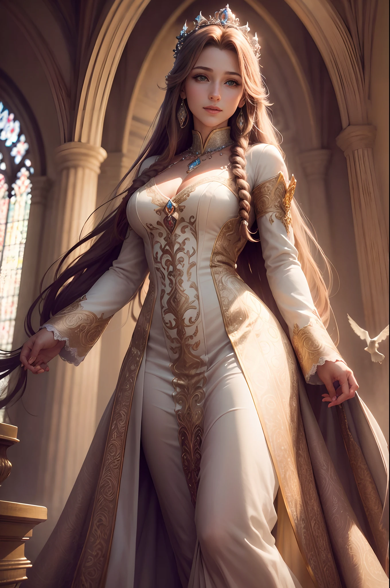 (highres, ultra-detailed, realistic:1.37), aerith, final fantasy, beautiful body, beautiful detailed eyes, detail-oriented nose, luscious lips, long flowing hair, radiant smile, elegant crown, royal attire, intricate jewelry, graceful pose, enchanting expression, majestic church in the background, vibrant colors, soft lighting, regal atmosphere, atmospheric perspective, stunning landscape, floating clouds, magical aura, timeless beauty, intricate patterns, ethereal ambiance, striking contrast, dreamlike quality, cinematic composition, white dress, birds